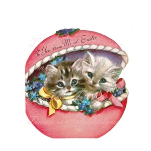 Téléchargement numérique Pâques rétro chaton chat imprimable Clipart chérie chatons avec des noeuds dans un oeuf de Pâques rose vintage carte de Pâques art graphique !