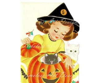 Digital Download Image, Cute Little Witch Girl With Pumpkin & Kittens, Vintage Halloween Card. Halloween Witch Printable!
