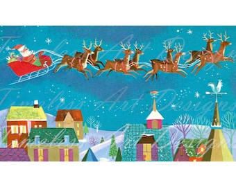 ¡Descarga digital de clipart de Papá Noel retro de mediados de siglo para imprimir, renos en trineo, pueblo de noche de Navidad, tarjeta navideña vintage! 1png. 1jpg.