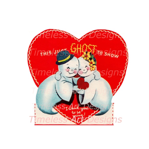 Digital Download Valentine Ghost Printable Clipart Cute Valentine Ghost Couple Vintage Valentine Card Graphic!