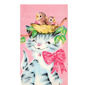 Image en téléchargement numérique instantané, Happy Kitty, chaton, chat, poussins dans le nid, carte de Pâques rose vintage, graphique de chat. Chat à imprimer !