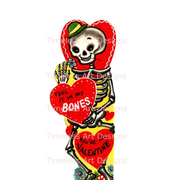 Digital Download Image, Spooky Skeleton Man With A Big Heart, Vintage Valentine Card. Valentine Printable!