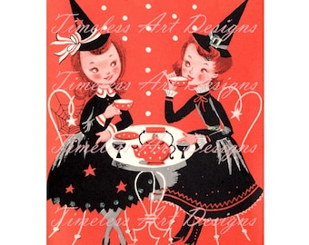 Halloween Digital Download Image Two Witches Sipping Tea Vintage Halloween Clipart Witch Printable.