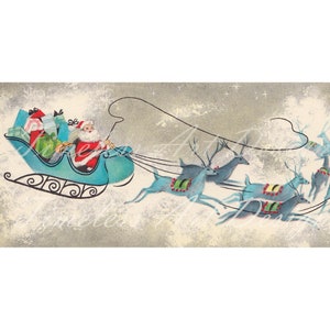 Immagine stampabile digitale da scaricare di Babbo Natale retrò vintage con slitta blu e renne! Immagine della cartolina di Natale!
