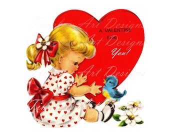 May include: A vintage Valentine's Day card featuring a little girl in a red and white polka dot dress holding a red heart with the text "A Valentine for You!" and a blue bird.