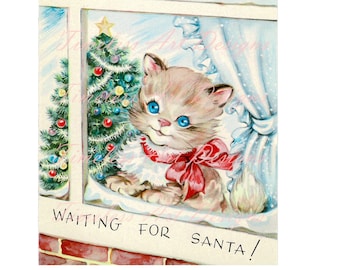 Immagine digitale scaricabile Gattino carino stampabile, Gatto alla finestra con grande fiocco in attesa di Babbo Natale. Immagine di biglietto di Natale vintage!