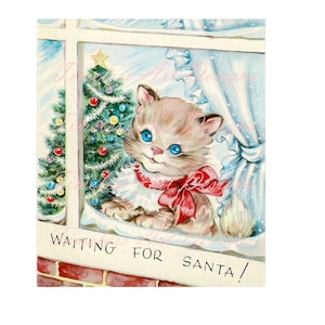 Image à téléchargement numérique Joli chaton à imprimer, chat dans la fenêtre avec grand noeud attendant le père Noël. image vintage de carte de Noël !