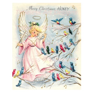 Digitaler Download Bild, schöner Engel In Rosa orchestriert die Singvögel, Vintage Weihnachtskarte, Engel zum Ausdrucken!
