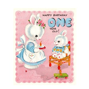 Digitaler Download Bild, süßes kleines Baby & Mama Häschen, Babys erste Geburtstagskarte. Rosa, Baby Bunny Druckbar!