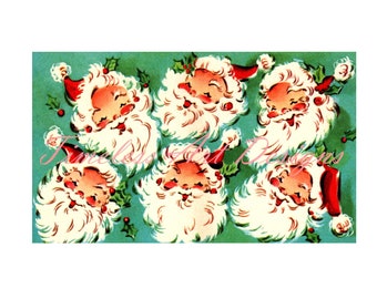 Digital Download Image, Adorable Santa Claus Faces, Smiling Santa's, Vintage Christmas Card. Greeting Card, Santa Printable.