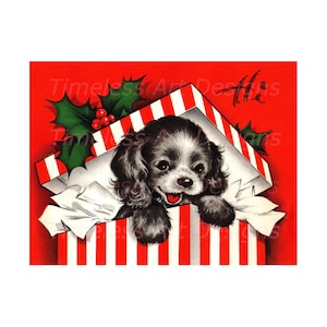 Imagen de descarga digital, lindo cachorro dentro de una caja de regalo de Navidad, tarjeta navideña vintage, ¡cachorro vintage imprimible!
