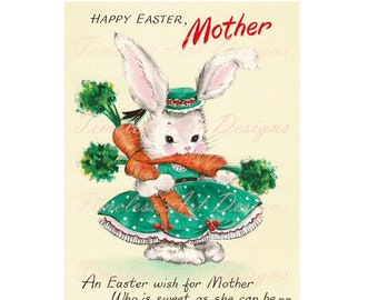Instant Digital Download Easter Bunny Rabbits Carrots Vintage Easter Greeting Card Printable. 2 jpgs.