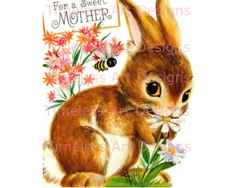 Adorable conejito y abeja, descarga digital vintage, tarjeta de Pascua vintage, descarga de ilustración vintage