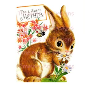 Adorable conejito y abeja, descarga digital vintage, tarjeta de Pascua vintage, descarga de ilustración vintage