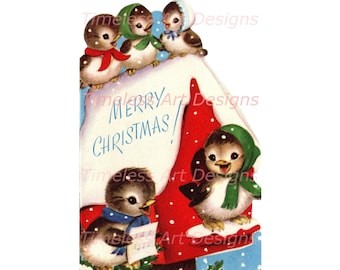 Digital Download Image, Adorable Little Penguins Caroling, Bird House. Vintage Christmas Card, Penguin Printable!