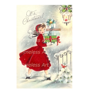 Image à téléchargement numérique, belle jeune femme en rouge apportant des cadeaux, carte de Noël vintage, carte de vœux, dame de Noël imprimable !