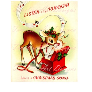 Digitaler Download Bild, Rudolph das Rentier mit der roten Nase, Spieluhr, süßes Vintage Retro Rentier Weihnachtskartenbild! Weihnachten zum Ausdrucken!