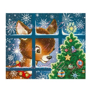 Digitaler Download Bild, druckbares Rentier, niedliches Rentier schaut durchs Fenster am Weihnachtsbaum, Vintage / Retro-Hirsch-Weihnachtskarten-Bild!