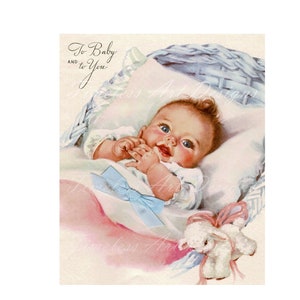 ¡Descarga digital, bebé recién nacido imprimible, querido bebé en una cuna con cordero, imagen de tarjeta de felicitación vintage!