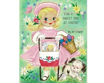 Digital Download Retro Paper Doll Printable 1950's Darling Little Girl & Her Dolly Vintage Easter Play Card. 2 jpgs!