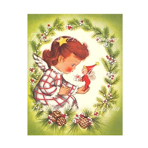 May include: A vintage Christmas card illustration of a young angel with a red and white plaid dress and a golden halo, looking at a small elf holding a gift. The angel and elf are framed by a green wreath with red berries and pine cones.