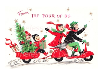 Tarjeta navideña vintage, paseo familiar en motocicleta, imprimible navideño (descarga digital)