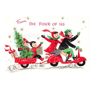 Sofortiger digitaler Download Bild, glückliche Familie Reiten auf einem Motorrad, Vintage Weihnachtskarte. Urlaub Familie Printable.