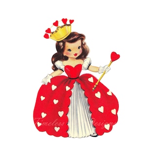 May include: A vintage illustration of a girl dressed as a queen of hearts. She is wearing a red and white dress with a gold crown and holding a scepter with a heart on top.