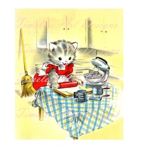 Imagem de download digital, gatinho adorável, biscoitos para assar gatinho, cartão de felicitações vintage, kitsch, gatinho vintage para impressão!