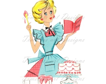 Imagen de descarga digital, dulce dama horneando un pastel de cumpleaños, delantal, libro de cocina, dama retro kitsch, ¡imagen de tarjeta de cumpleaños vintage!