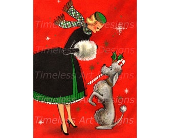 May include: A woman in a black and green dress and a green hat is holding a candy cane and looking at a gray poodle with a candy cane in its mouth. The background is red with white snowflakes.