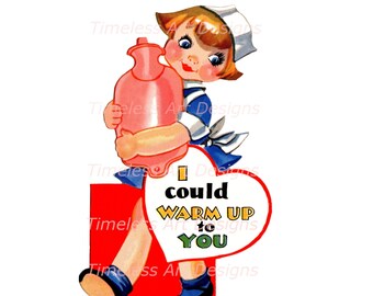 Imagen de descarga digital: dulce enfermera cariñosa abrazando una bolsa de agua caliente. Tarjeta de San Valentín vintage, ¡enfermera médica imprimible!