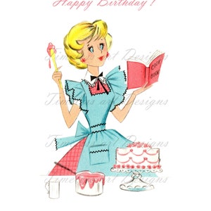 Imagem de download digital, Sweet Lady assando um bolo de aniversário, avental, livro de receitas, Retro Kitschy Lady, imagem de cartão de aniversário vintage!