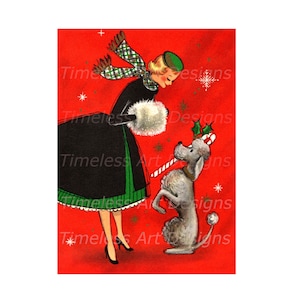 Image à téléchargement numérique, belle dame de Noël rétro avec caniche mignon, image de carte de Noël vintage, dame de vacances imprimable !