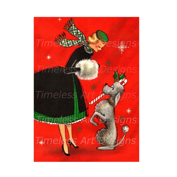 Digital Download Image, Beautiful Retro Christmas Lady With Cute Poodle,  Vintage Christmas Card Image, Holiday Lady Printable!