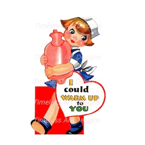 Imagen de descarga digital: dulce enfermera cariñosa abrazando una bolsa de agua caliente. Tarjeta de San Valentín vintage, ¡enfermera médica imprimible!