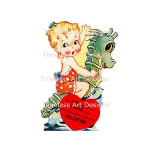 ¡Descarga digital, gráfico retro de San Valentín, linda niña montando un caballito de mar, clipart de sirena, tarjeta vintage de San Valentín imprimible!