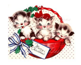 Immagine di cartolina di Natale vintage con gattini in un cesto (download digitale)