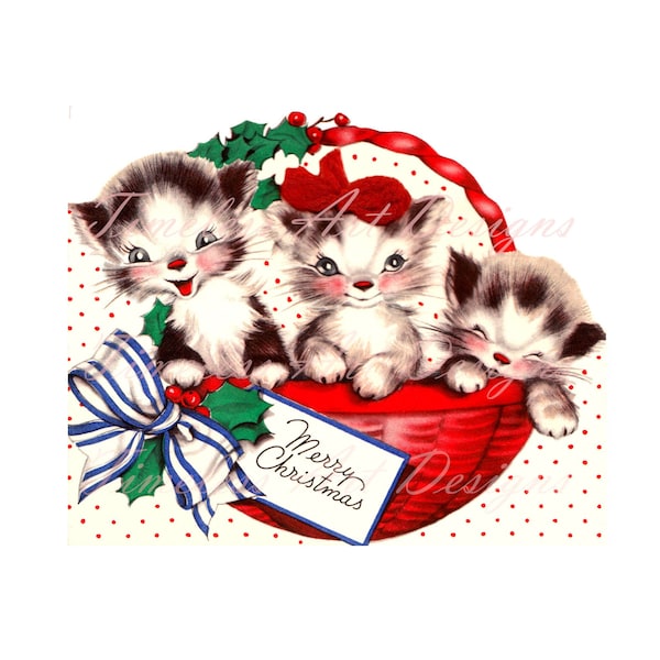 Digital Download Image, Cute Kittens, Cats In A Red Christmas Basket, Vintage Christmas Card, Greeting Card, Cat Printable!