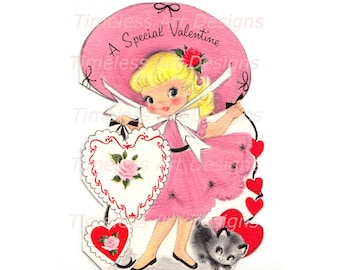 Digital Download Image,  Pretty Girl Dressed In Pink With Kitty Cat, Vintage Valentine Card. Valentine Printable!