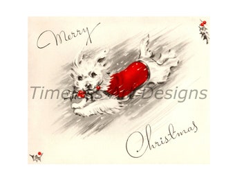 Vintage Christmas Puppy Card Image, Adorable Red Coat (Digital Download)