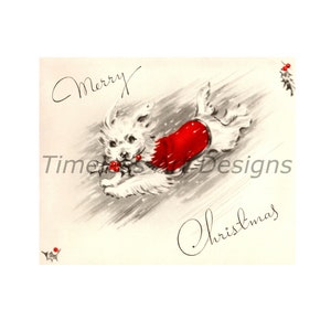 Download digitale di un adorabile cucciolo di cane che indossa un cappotto rosso, immagine di una cartolina di Natale vintage, cucciolo di Natale vintage stampabile!