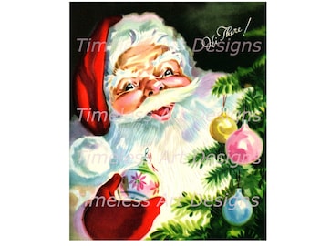 Imagen de tarjeta navideña vintage de Papá Noel, adornos brillantes (descarga digital)