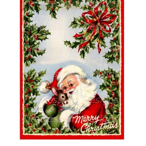 Image clipart Jolly Old Santa Claus en téléchargement numérique, carte de Noël rétro vintage de son adorable cerf faon, imprimable !