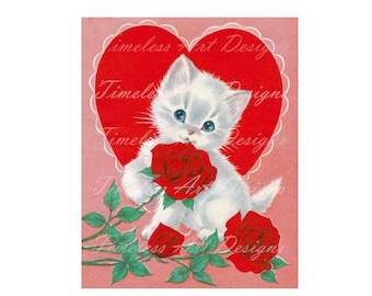 Digital Download Valentine Cat Printable Cute Kitten Cat With Red Hearts & Roses Clipart Vintage Valentine Card Graphic!
