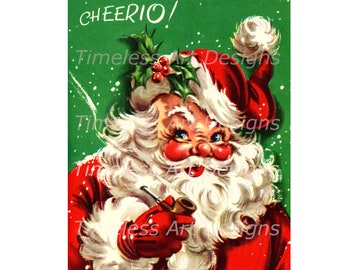 Immagine di download digitale Jolly Old Santa Claus che fuma la pipa, cartolina di Natale vintage. Babbo Natale stampabile!