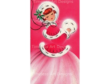 Vintage Christmas Card Image, Lady in Pink Dress (Digital Download)