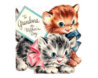 Digital Download Images, Cute Kittens Wearing Blue & Pink Bows, Vintage Mothers Day Card Image, Kitten, Kitty Cat Printable! 2 jpgs.