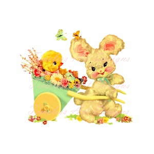 Instant Digital Download Retro Easter Bunny Printable Clipart Cute kawaii Vintage Easter Bunny & Chick In Cart Graphic!
