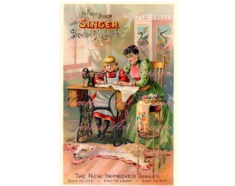 ¡Descarga digital de anuncio de máquina de coser Singer, clipart de madre e hija haciendo ropa, tarjeta comercial antigua vintage, gráfico!